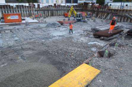 Neubau Überbauung Merkurhof, Rapperswil, Projekt und Baukontrolle Tragstruktur in Massivbauweise, Projekt und Fachbauleitung Baugrube mit Spundwand und einer Pfahlfundation