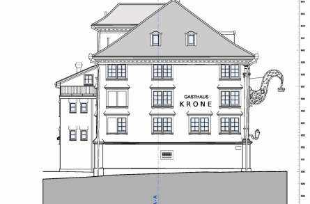 Architekturvermessung
Restaurant Krone, Speicher, Gebäudeaufnahmen:, 2D Fassadenpläne, 2D Grundrisspläne, 2D Schnittpläne