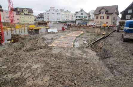 Überbauung Falken, St. Gallerstrasse, Lachen, Projekt und Baukontrolle Tragstruktur in Massivbauweise, Projekt und Baukontrolle Baugrube mit Rühlwand, Projekt und Baukontrolle Pfählungsarbeiten