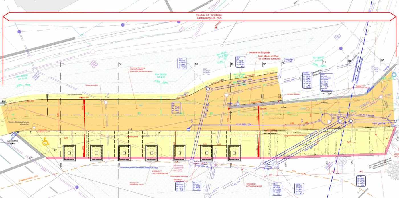 Neubau Parkierungsanlage / Strassenerneuerung Sihlwäldliweg, Schindellegi, Feldaufnahmen, digitales Terrainmodell, Baugrunduntersuchungen, Projektierung, Bewilligungsverfahren, Submission, örtliche Bauleitung, Inbetriebnahme, Abschluss