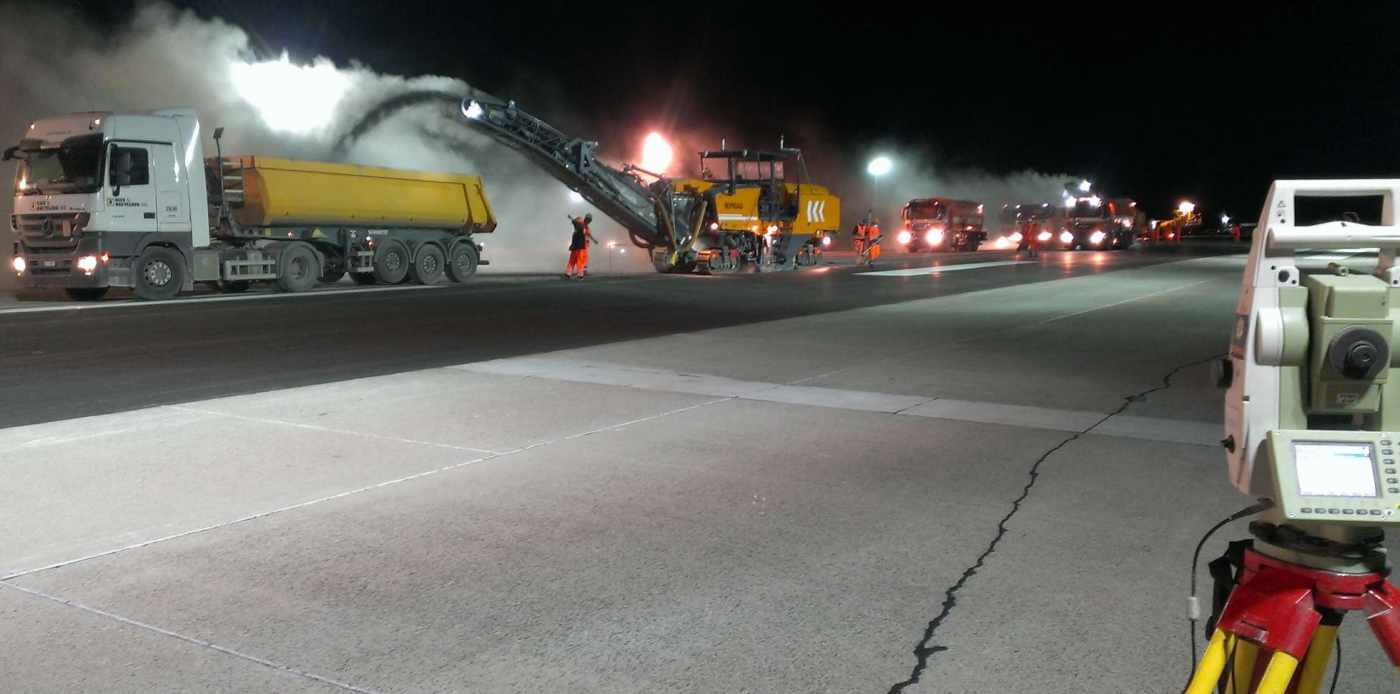 Sanierung Piste 14-32 Flughafen Kloten, Verdichtung der Baufixpunkte, Aufbereitung der 3D-Daten, Verschiedene Absteckungsarbeiten, Steuerung der Fräse vor Ort