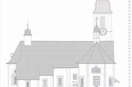 CAD-Planerstellung röm. kath. Kirche
Oberdorf SO, Gebäudeaufnahmen:, 2D-Fassadenpläne, 2D-Grundrisse, 2D-Schnitte