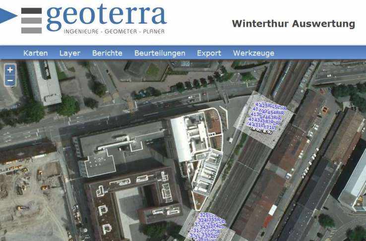 Leistungssteigerung Bahnhof Winterthur, Überwachung von 230 Messpunkten, Betrieb von 7 Totalstationen mit einem 15 min Messintervall, Visualisierung der Resultate auf www.bauwerke-ueberwachen.ch, Realtime Alarmierung bei Überschreitung der Grenzwerte mittels SMS/E-Mail