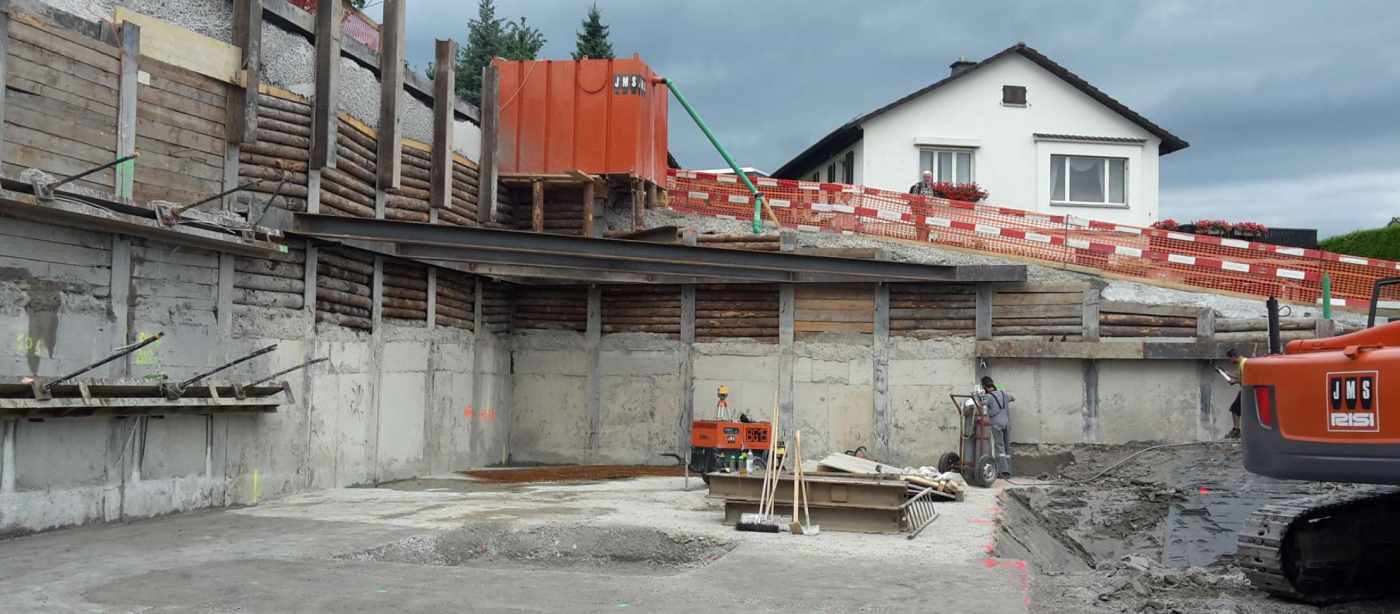 MFH Pilgerweg, Richterswil, Projekt, Ausschreibung und Baukontrollen, Rühlwand, Anker und Spriessung