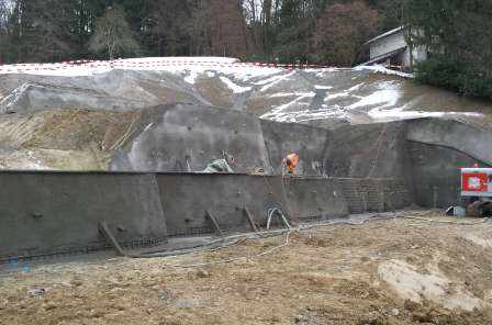 ÜB Am Bergbach, Rumlikon, Projekt, Ausschreibung und Baukontrollen der Baugrubensicherung mit Nagelwand und Rühlwand