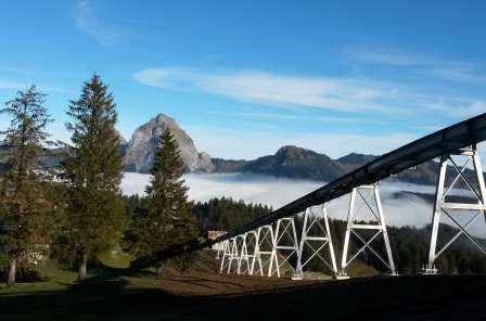 Neue Stoos-Standseilbahn, Erstellung von Fixpunkten, Geländeaufnahmen, Diverse Absteckungen des Bahntrasse, Berg- und Talstation und des Parkplatzes, Tunnelvortriebskontrolle