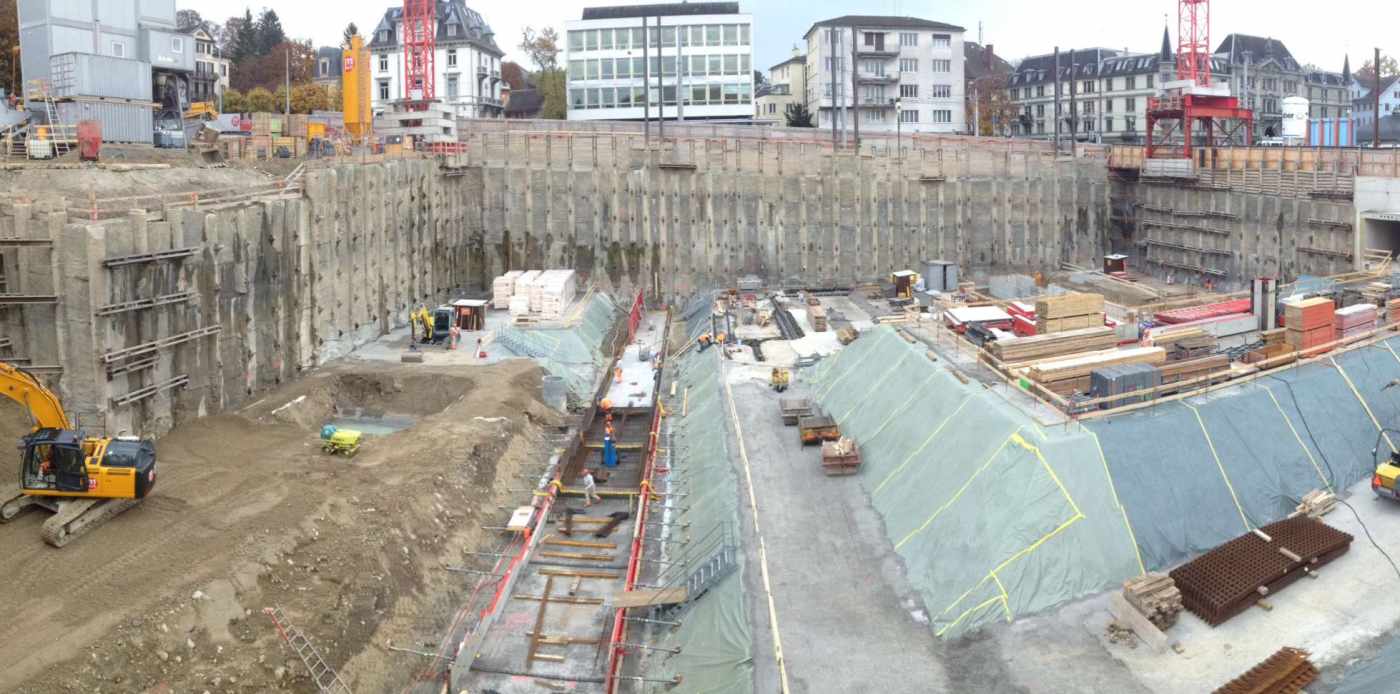 Erweiterung Kunsthaus Zürich, Aufziehen des Baufixpunktenetzes, Periodische, geodätische und geotechnische Überwachungsmessungen des Baugrubenabschlusses, der umliegenden Gebäude, Strassen und Geleise