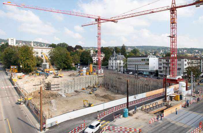 Erweiterung Kunsthaus Zürich, Aufziehen des Baufixpunktenetzes, Periodische, geodätische und geotechnische Überwachungsmessungen des Baugrubenabschlusses, der umliegenden Gebäude, Strassen und Geleise