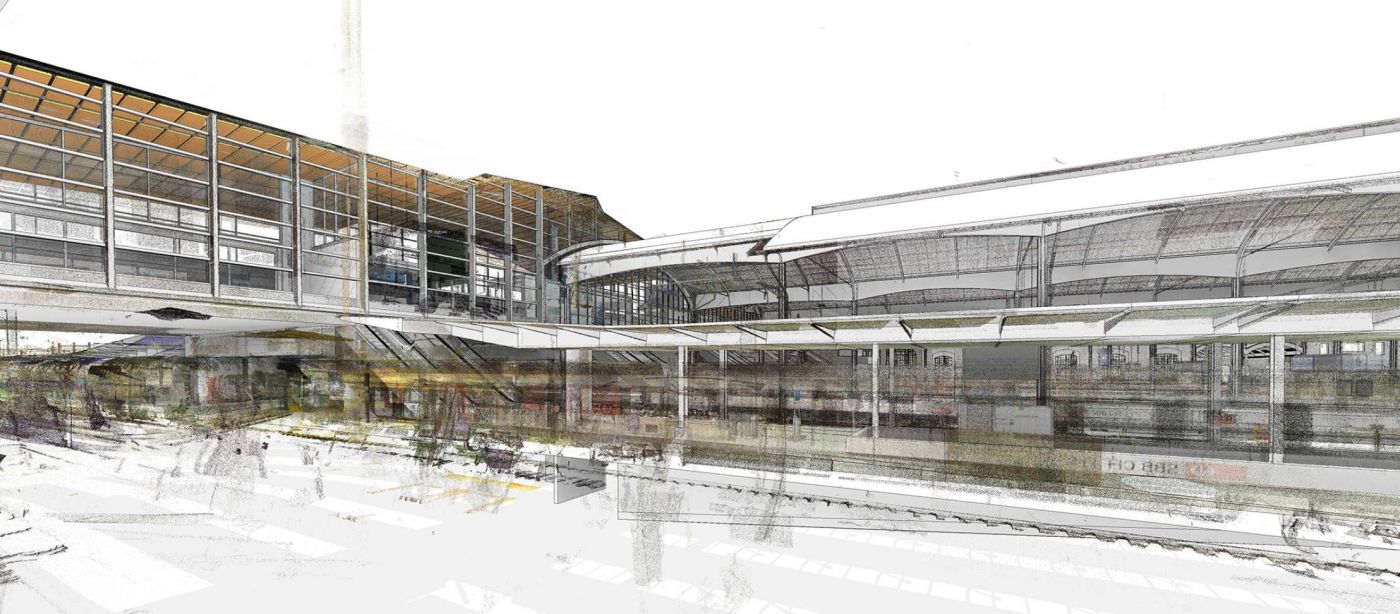 Basel SBB, Erweiterung des
LIM-Modells, 3D Laserscan,,3D- / BIM- Modellierung aus Punktwolke, 2D Pläne aus 3D Modell generieren, RealTime Präsentation