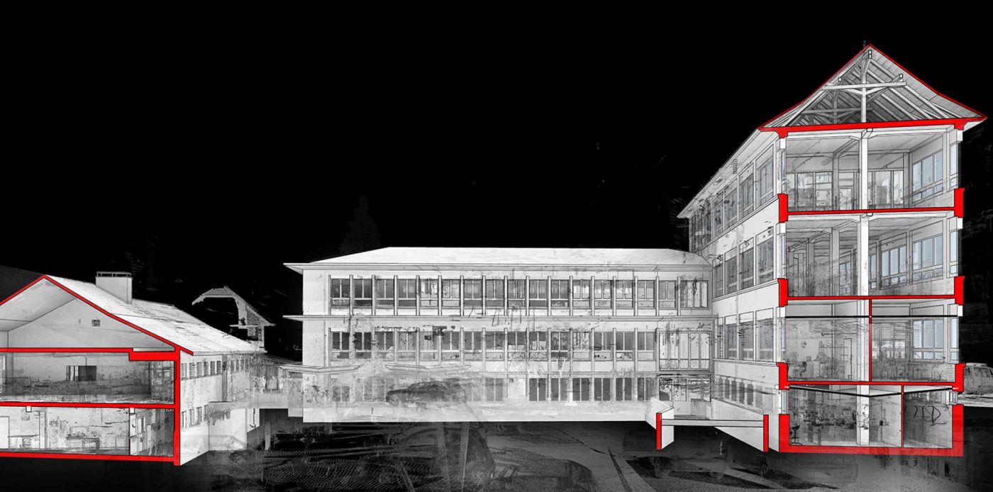 Thun Comadur Areal, BIM-Revitmodell, 3D Laserscan,,3D- / BIM- Modellierung aus Punktwolke, 2D Pläne aus 3D Modell generieren