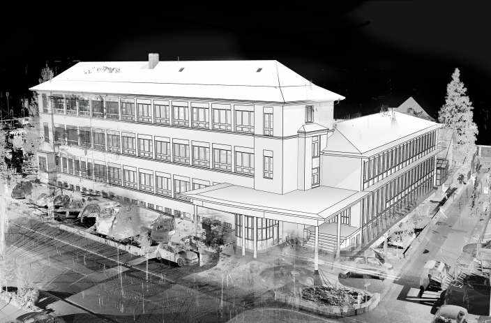 Thun Comadur Areal, BIM-Revitmodell, 3D Laserscan,,3D- / BIM- Modellierung aus Punktwolke, 2D Pläne aus 3D Modell generieren