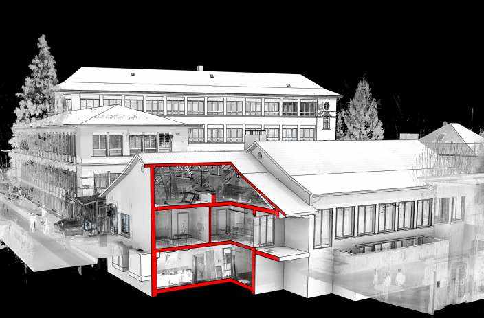 Thun Comadur Areal, BIM-Revitmodell, 3D Laserscan,,3D- / BIM- Modellierung aus Punktwolke, 2D Pläne aus 3D Modell generieren