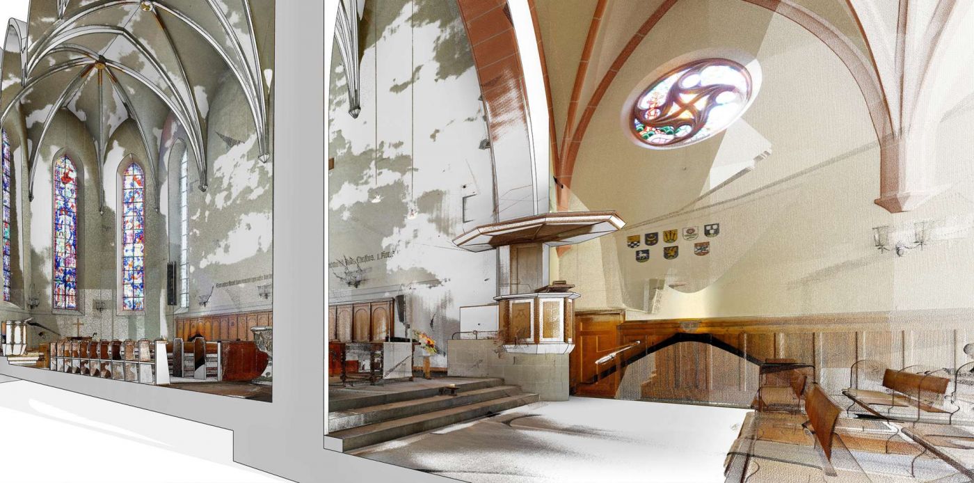Schlosskirche, Interlaken, 3D Laserscan, 3D- / BIM- Modellierung aus Punktwolke