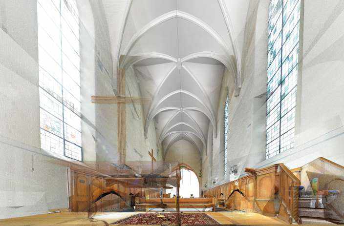 Schlosskirche, Interlaken, 3D Laserscan, 3D- / BIM- Modellierung aus Punktwolke