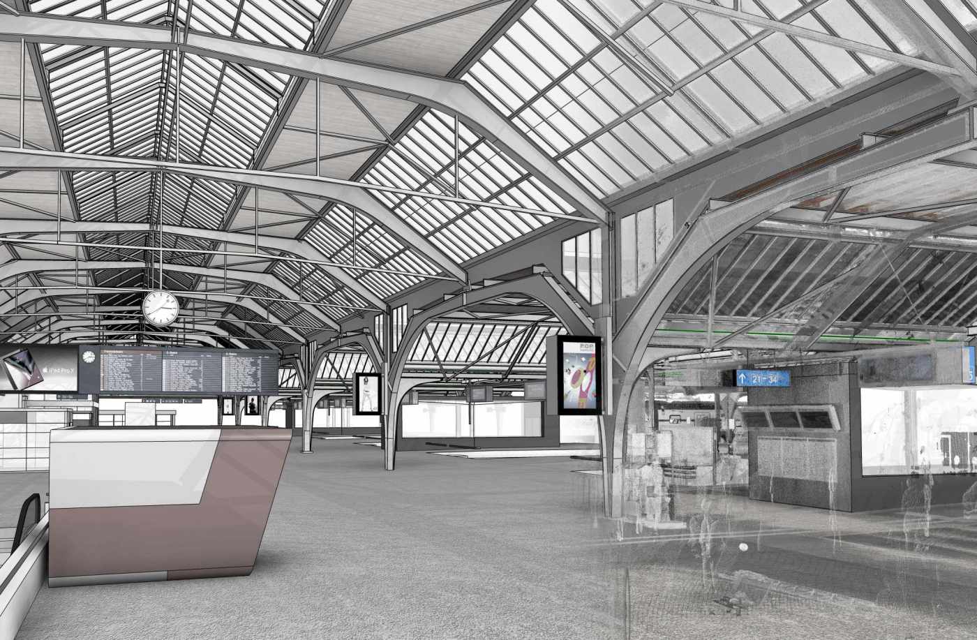 BIM SBB Zürich HB RealTime, 3D Laserscan,,3D- / BIM- Modellierung aus Punktwolke, 2D Pläne aus 3D Modell generieren, RealTime Präsentation, BIM Workshops