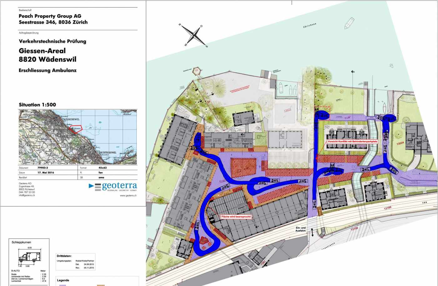 Areal Giessen Wädenswil, Fachplaner Verkehrstechnik, Verkehrstechnische Nachweise (Geometrie, Neigungen,Kuppen, Wannen, Schleppkurven), Plandarstellung auf CAD, Verkehrstechnische Expertise Arealzufahrten / Varianten