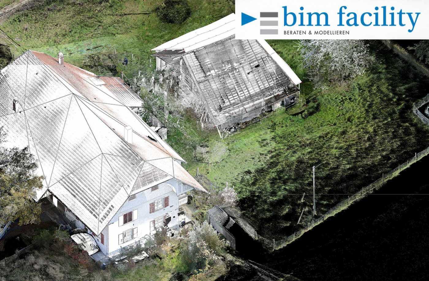 Scan2BIM Bauernhaus und Speicher, Hüniken, 3D Laserscan, 3D- / BIM- Modellierung aus Punktwolke, 2D Pläne aus 3D Modell generieren