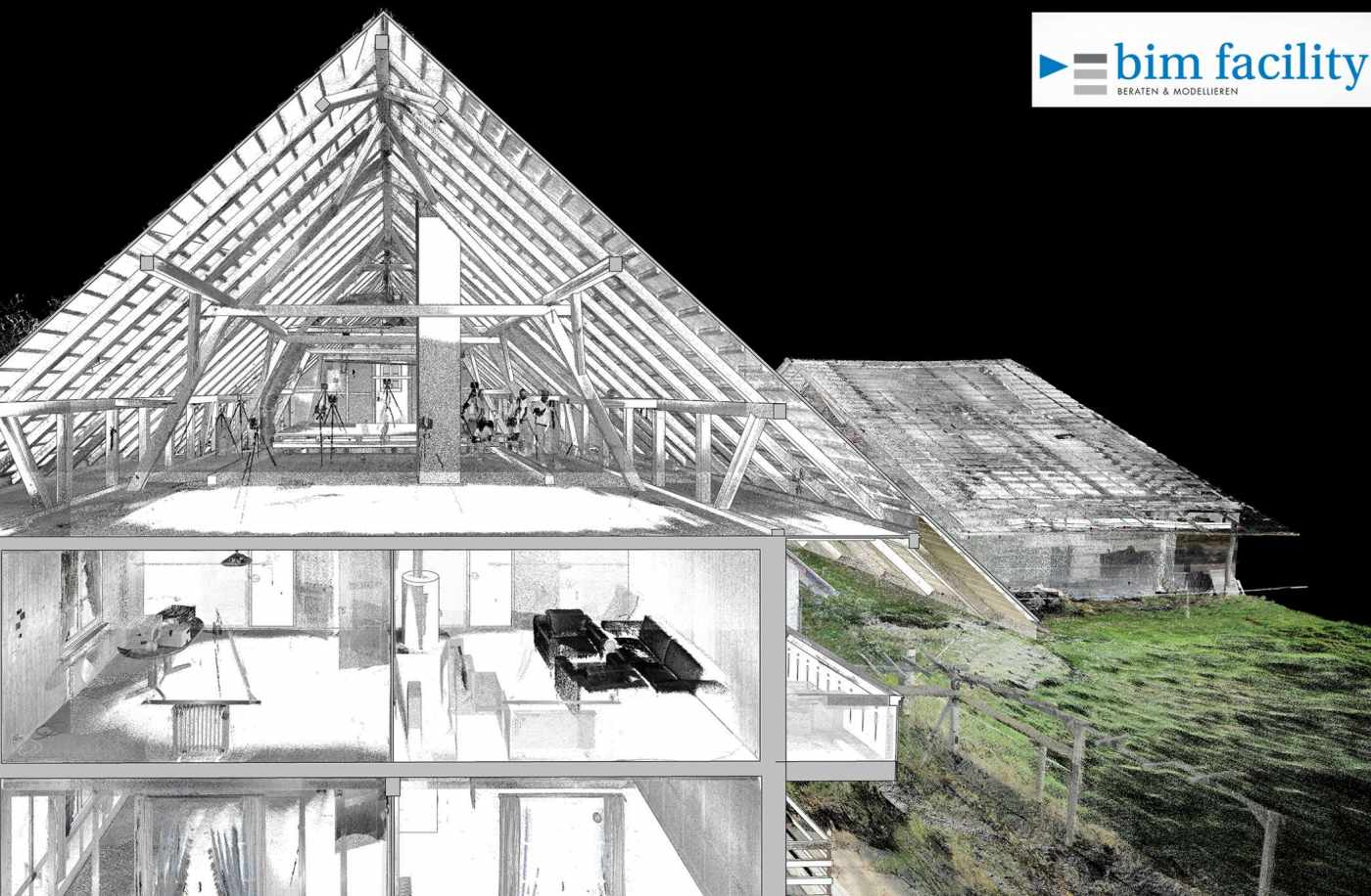 Scan2BIM Bauernhaus und Speicher, Hüniken, 3D Laserscan, 3D- / BIM- Modellierung aus Punktwolke, 2D Pläne aus 3D Modell generieren