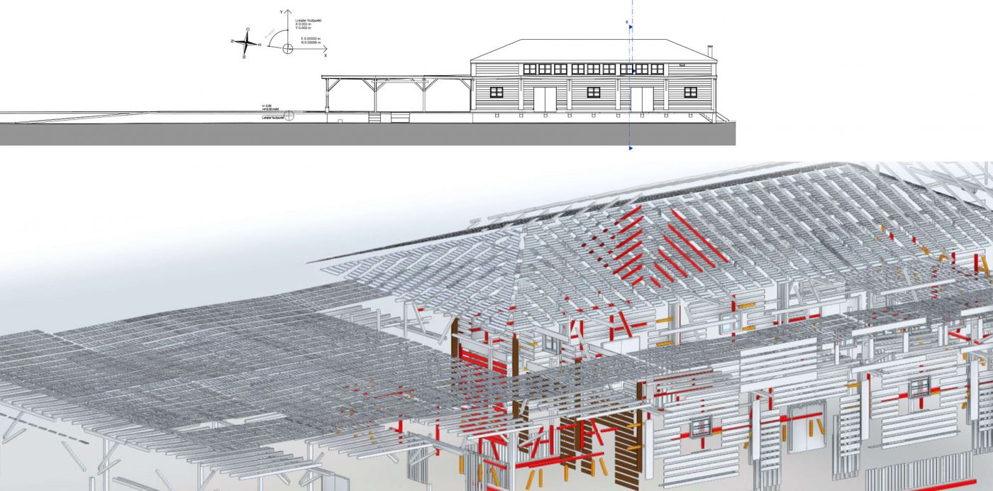 Denkmalgeschützter Güterschuppen Wollishofen, 3D Laserscan, 3D- / BIM- Modellierung aus Punktwolke, 3D- / BIM- Modellierung aus Pläne, Technischer (REVIT) Support