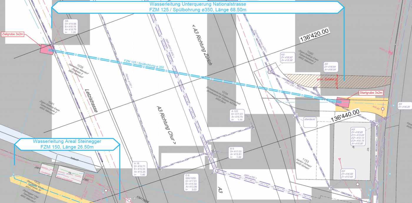 Wasserleitung Lidwil 
(Unterquerung Nationalstrasse) Altendorf, Umfassende Grundlagenbeschaffung, Geländemodell, Beschaffung Bewilligungen ASTRA und Kanton Schwyz, Devisierung, Ausschreibung, Ausführungsprojekt, Örtliche Bauleitung, Ausmass und Abrechnung, Überwachungsmessung, Setzungsmessungen