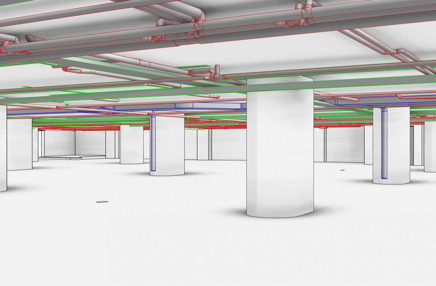 Tivoli Parkhaus, 3D Laserscan, 3D- / BIM- Modellierung aus Punktwolke, 2D Pläne aus 3D Modell generieren