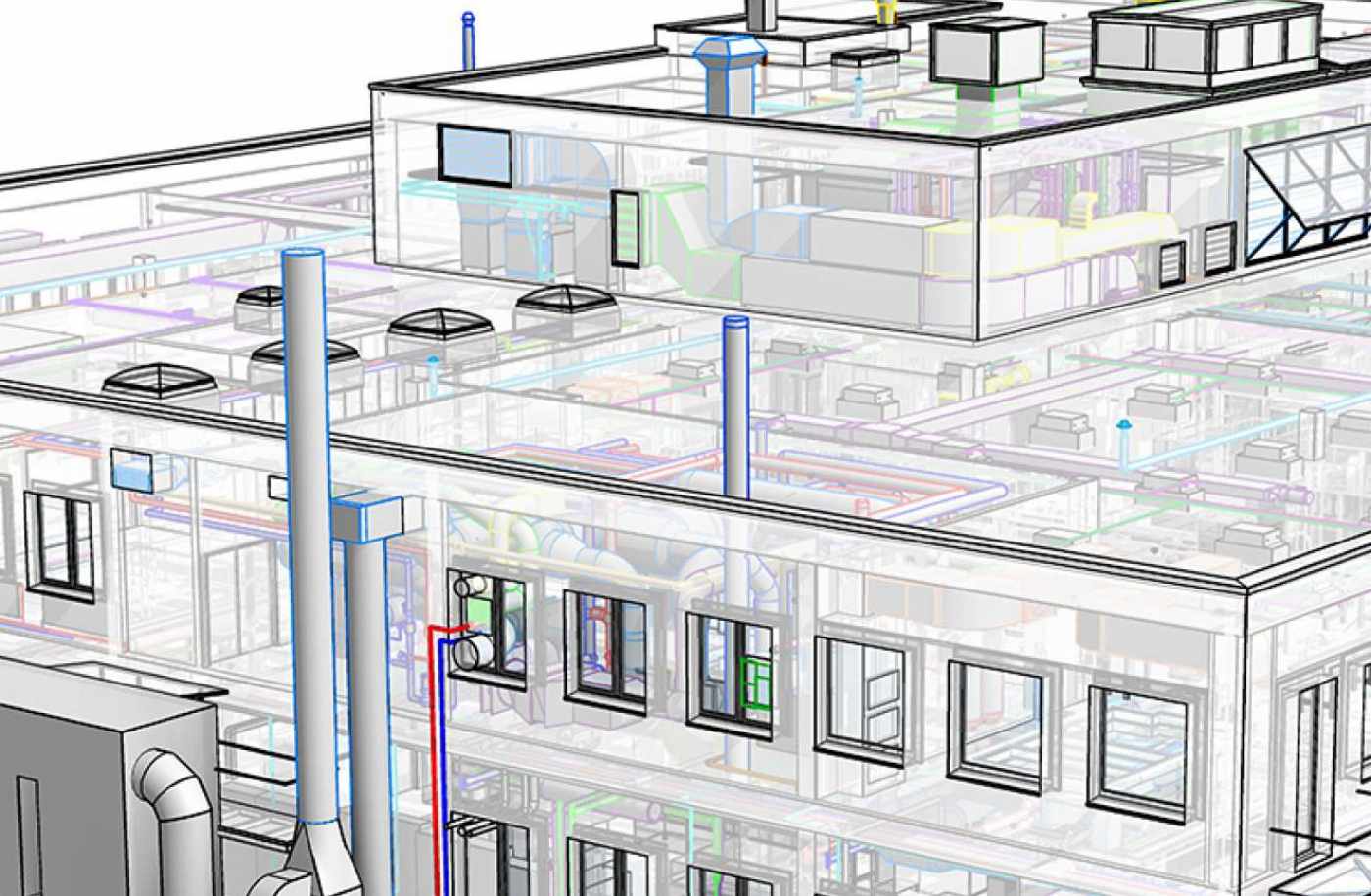 Früh Verpackungstechnik AG, 3D Laserscan, 3D- / BIM- Modellierung aus Punktwolke, 3D- / BIM- Modellierung aus Pläne, 2D Pläne aus 3D Modell generieren