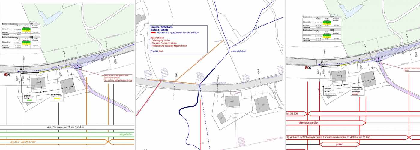 Totalsanierung
Seestrasse von Schmerikon bis Rapperswil-Jona, Betriebskonzept, Begehung, Grundlagenaufarbeitung, Beurteilung Strassenlage, Trassierung, Sichtverhältnisnachweise, Auswertung Unfallstatistik, Langsamverkehrsanlagen, Beurteilung Strassenoberbau, visuelle Beurteilung Kunstbauten, Aufnahme/Auswertung Strassenentwässerung, Beurteilung hydraulischer/baulicherZustand Bachdurchlässe, Defizitanalyse, Massnahmenformulierung