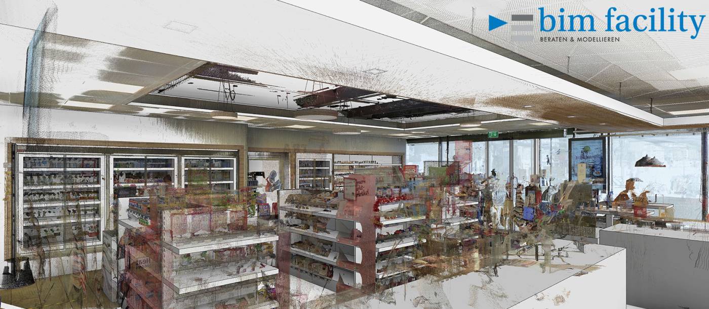 Spar rüstet effizient Tankstellenshops um, 3D Laserscan, 3D-/BIM-Modellierungaus Punktwolke Architektur, 2D Pläne inkl.Punktwolkenintegration