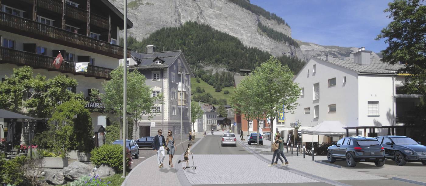 Flims: Strassenraumgestaltung, Bauherrenunterstützung BGK, Div. Abklärungen mit Ämtern, Musterfläche, technische Details, KV, Projekt- und Bauleitung, Über 4'000 m2 Pflästerungsfläche, Neubau Kanalisation ca. 120 m, Neubau Anergieleitung ca. 200 m, Neubau Fernwärmeleitung ca. 400 m