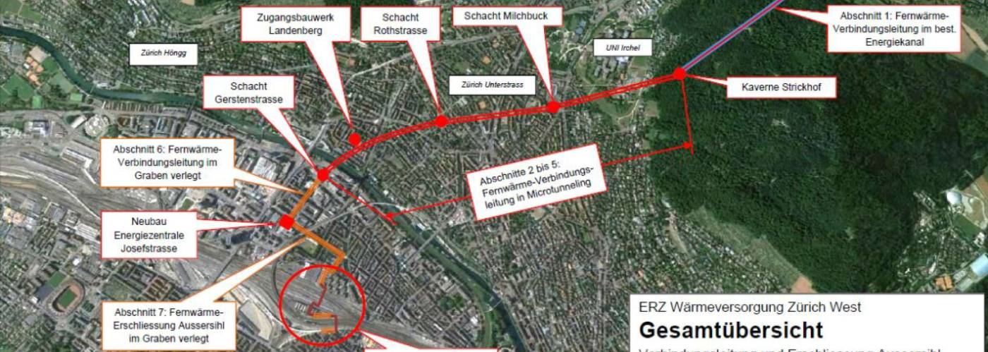 Wärmeversorgung Zürich-West, Bauherrenvermessung, Fixpunktnetz, Bestands-/Rissaufnahmen, Tunnel: Achsabsteckungen & Kontrollmessungen, Manuelle & automatische Überwachungsmessungen (Strassen, Gebäude, Infrastrukturen), Erschütterungsmessungen, Inklinometermessungen