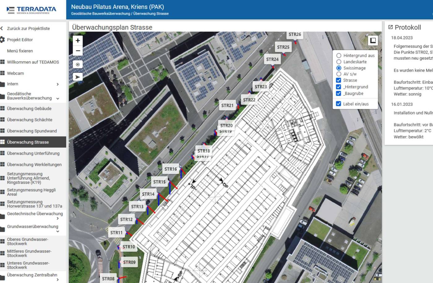 Pilatus Arena, Kriens Bauherrenvermessung/Überwachung, Rissaufnahmen, Baufixpunktnetz, Absteckungen, Inklinometermessungen, Strassen-, Baugruben- und Werkleitungsüberwachungen, Autom. Gleis- und Piezometermessungen, Panorama-Webcam