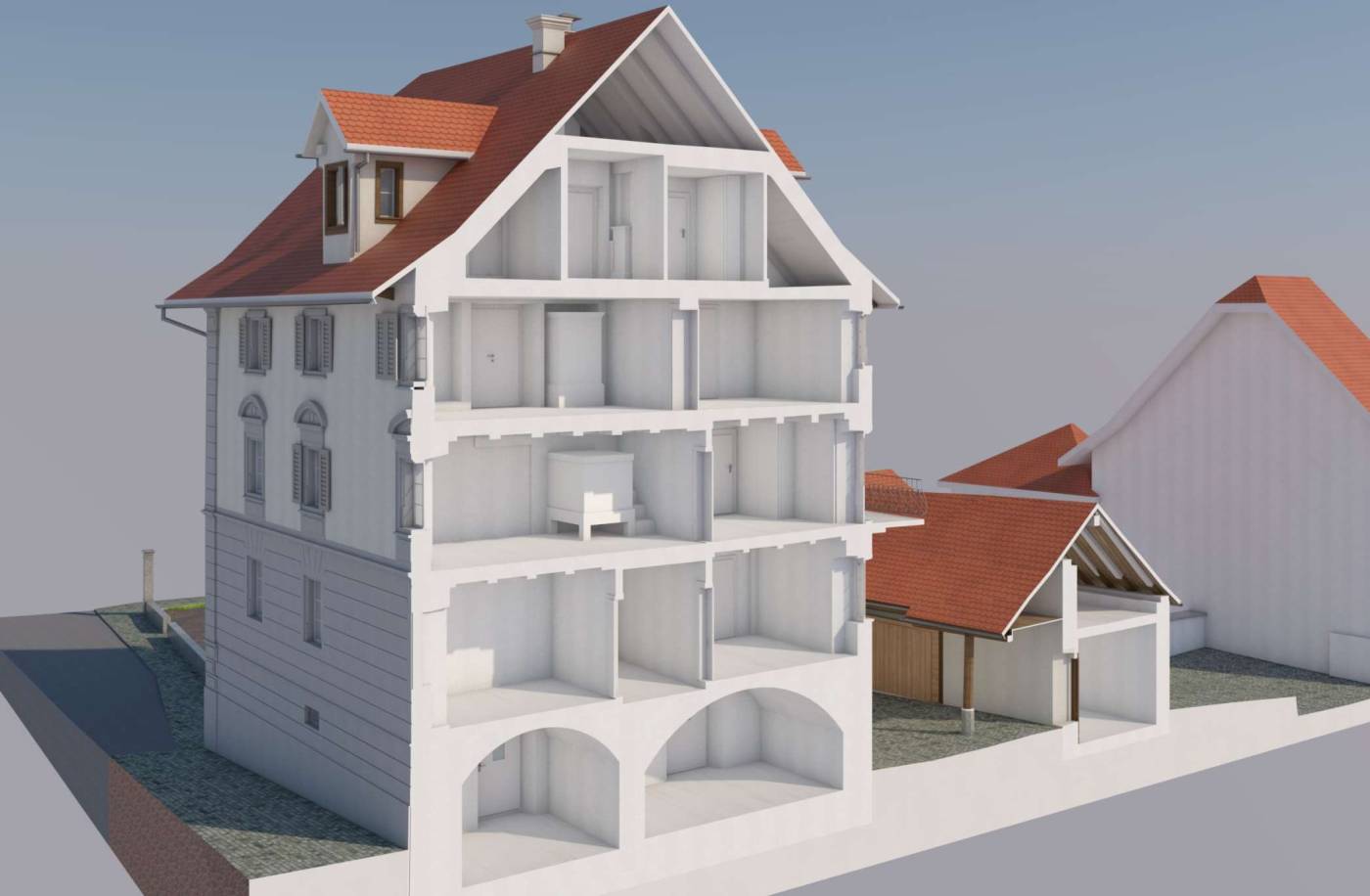 Gebäudevermessung Metzghofstatt 
(Schwyz) für Sanierungsplanung, Laserscanningaufnahme Haupt- und Nebengebäude, 3D-Modellierung in 