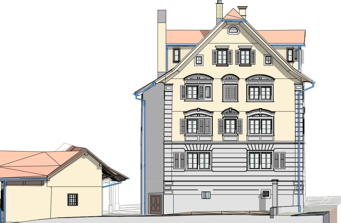 Gebäudevermessung Metzghofstatt 
(Schwyz) für Sanierungsplanung, Laserscanningaufnahme Haupt- und Nebengebäude, 3D-Modellierung in 