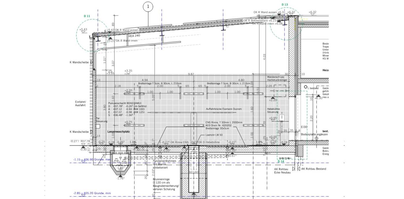 Erweiterung Grynaugarage Uznach, Projektierung, Ausschreibung und Ausführung der Pfahlfundation, Aushub, Massivbau und Stahlbau., Brandschutzplanung, QS-Verantortlicher