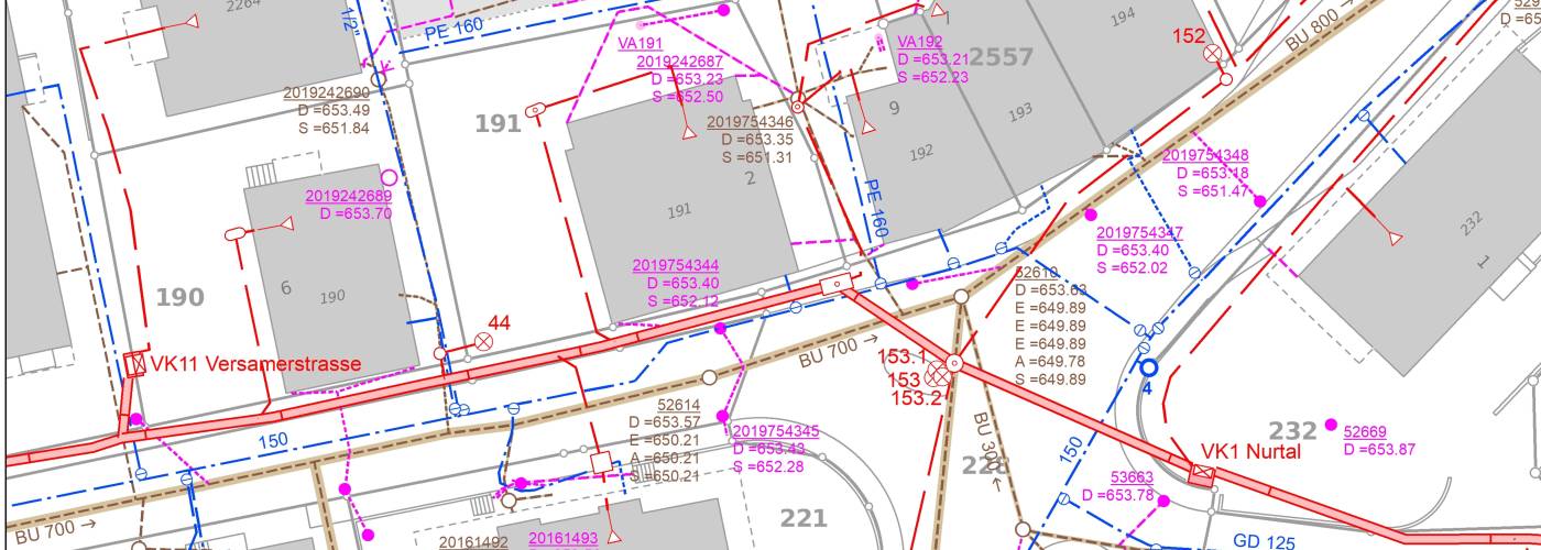 Leitungs- und Werkkataster, Verwaltung, Erfassung und Nachführungen von Werkleitungen in den Medien Wasser, Abwasser, Elektro, Fernwärme, Gas und verschiedenen Spezialmedien