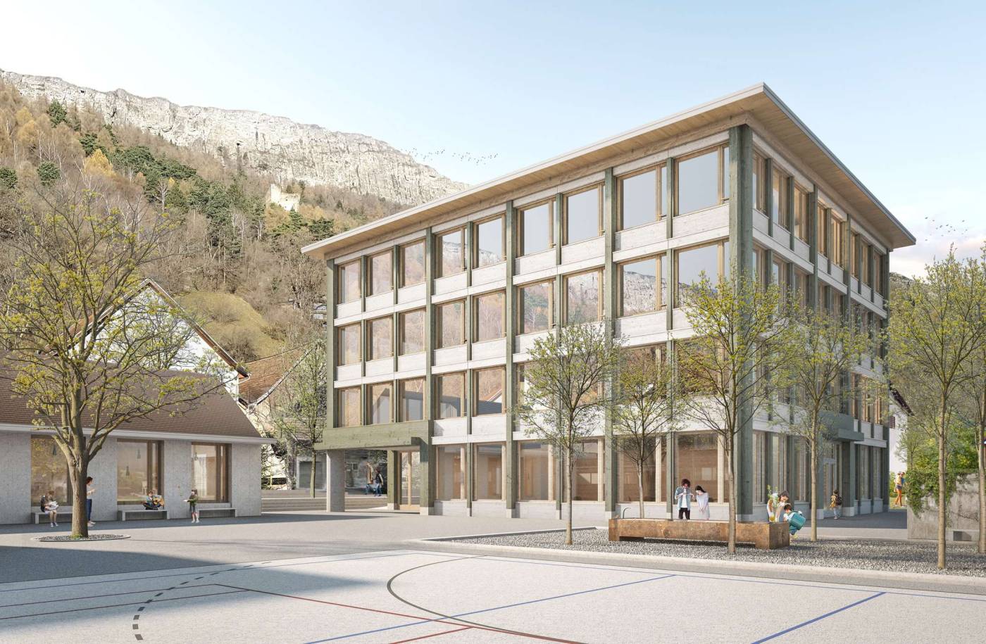 Erweiterung Schulanlage, Haldenstein, Projektierung, Ausschreibung und Realisierung:, Baugrubensicherung, Tragstruktur in Massiv-und Holzbau