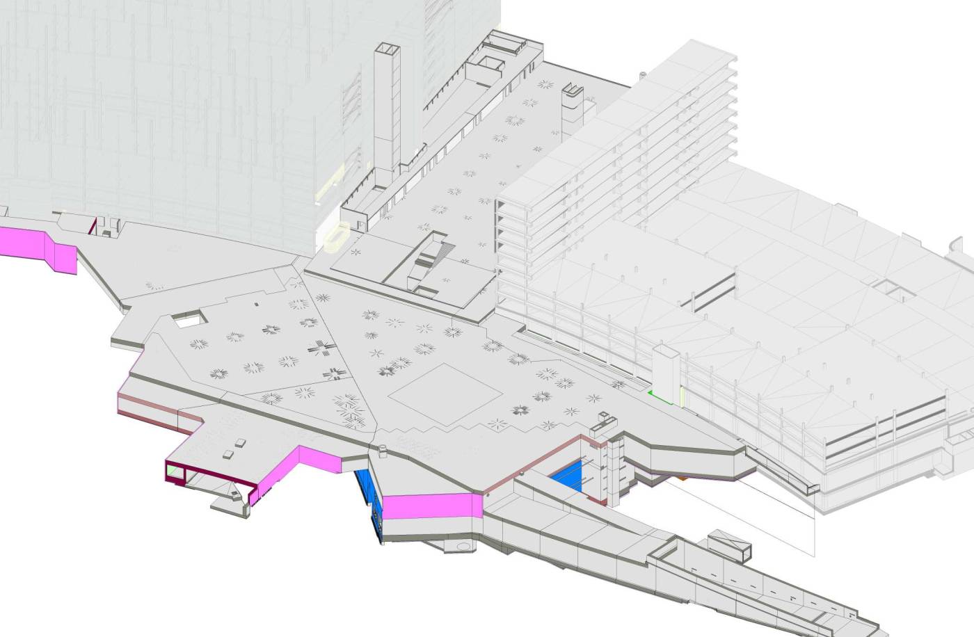 Erweiterung landseitige Passagierflächen, Flughafen Zürich, Bauingenieurleistungen in allen Phasen inklusive Technische Bauleitung der vertikalen Baugrubenabschlüsse und gewisser statischer Umbauarbeiten in den Parkhäuser. BIM-Modellerstellung für die Koordination mit den anderen Planern (BIG BIM).