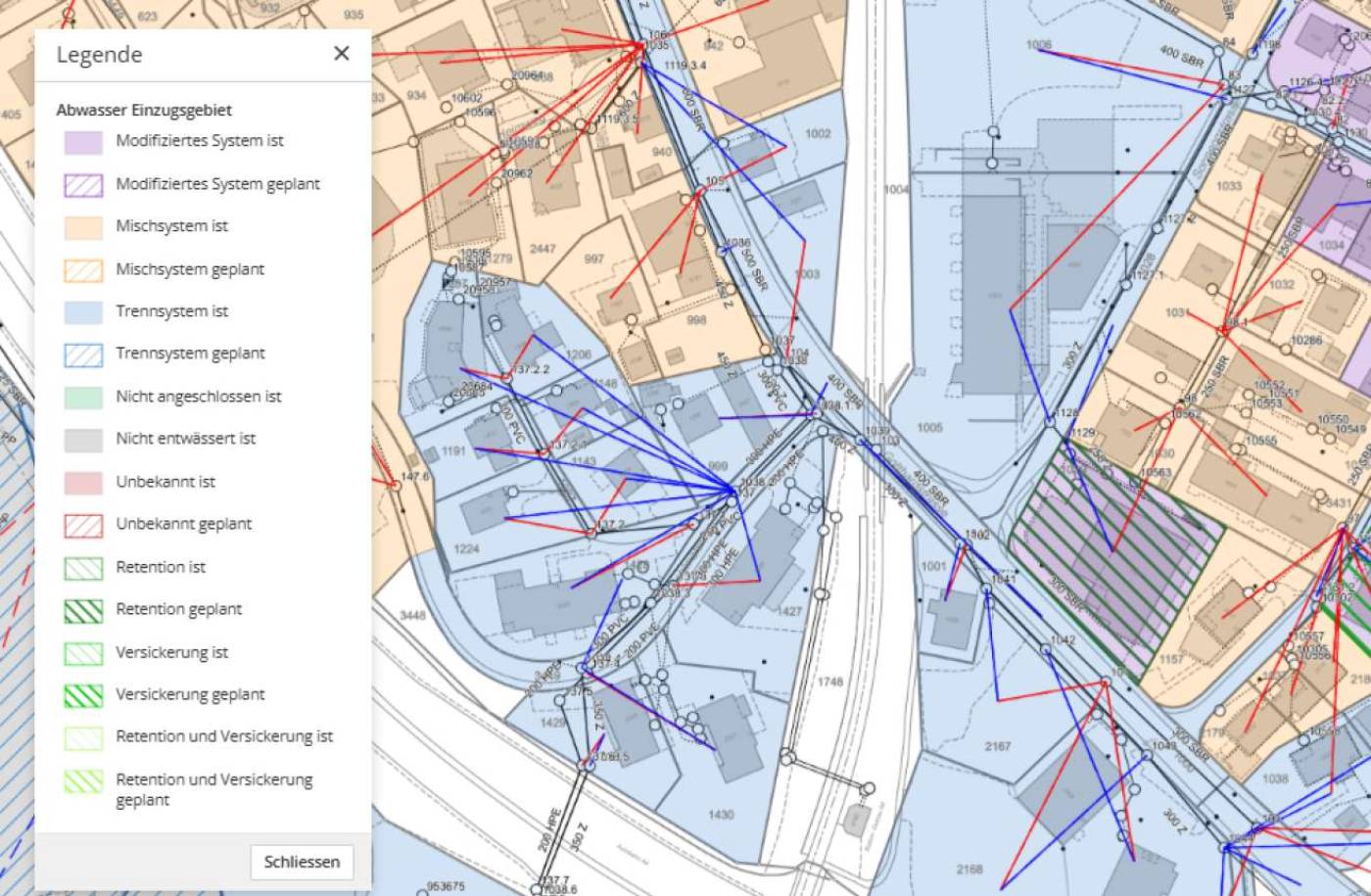 GEP-Themen im Geoportal.ch
gemäss Datenmodell VSA DSS 2020, Datenmigration aufs Modell DSS_2020_LV95 resp. DSS_2020_1_LV95 inkl. Datenbereinigung, Datenprüfung, Einrichten Importprozesse / Datenintegration ins Geoportal.ch inkl. Datenprüfung, Erstellen diverser GEP-Karten mit verschiedenen Darstellungsmodellen