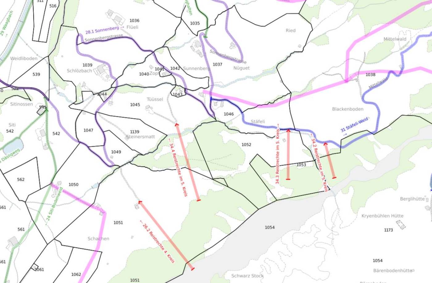 Wegrodel (öffentliche Wege mit privater Unterhaltspflicht), Datenerfassung und -aufbereitung, Unterstützung der Gemeinden im Bereinigungs- und Auflageverfahren, Datenexport nach Interlis 2.3 / Abgabe, An Kanton, Einbindung Wegrodel ins WebGIS der, Gemeinden