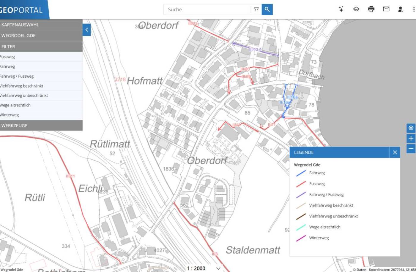 Wegrodel (öffentliche Wege mit privater Unterhaltspflicht), Datenerfassung und -aufbereitung, Unterstützung der Gemeinden im Bereinigungs- und Auflageverfahren, Datenexport nach Interlis 2.3 / Abgabe, An Kanton, Einbindung Wegrodel ins WebGIS der, Gemeinden