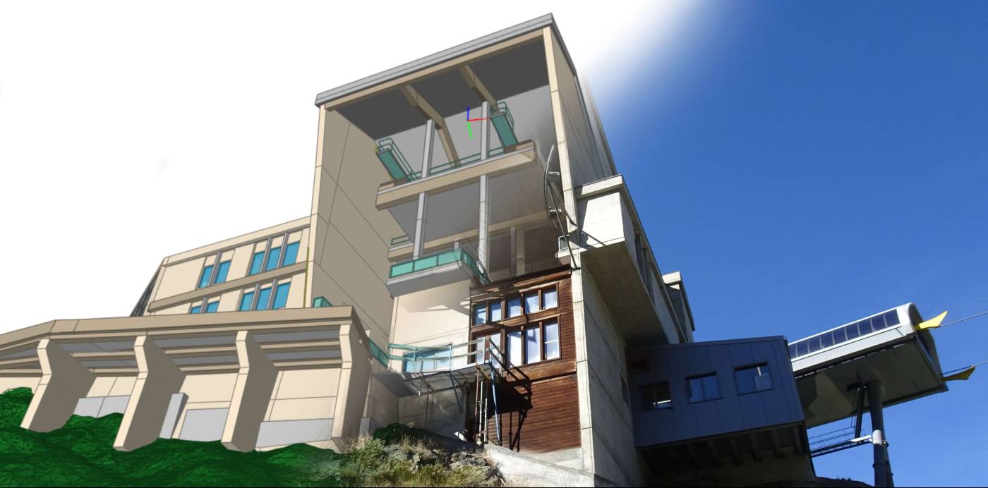 Modello BIM / Digital twin Stazione della funivia, Consulenza, Laserscanning di edifici esistenti, Modellazione 3D con software BIM da LoD100 fino a 400, Controlli di qualità, Aggiornamento continuo del gemello digitale, Modello nativo (Revit o Archicad), 3D DGN (corpo), IFC, planimetrie 2D (DWG)