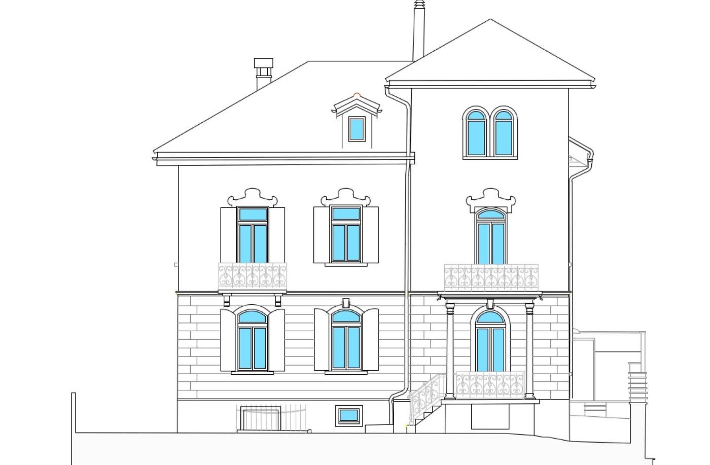 3D-Laserscan Villia Ginia Minusio, Rilievo facciate con 3D-LaserscanningCalcolo della nuvola di puntiElaborazione 4 prospetti