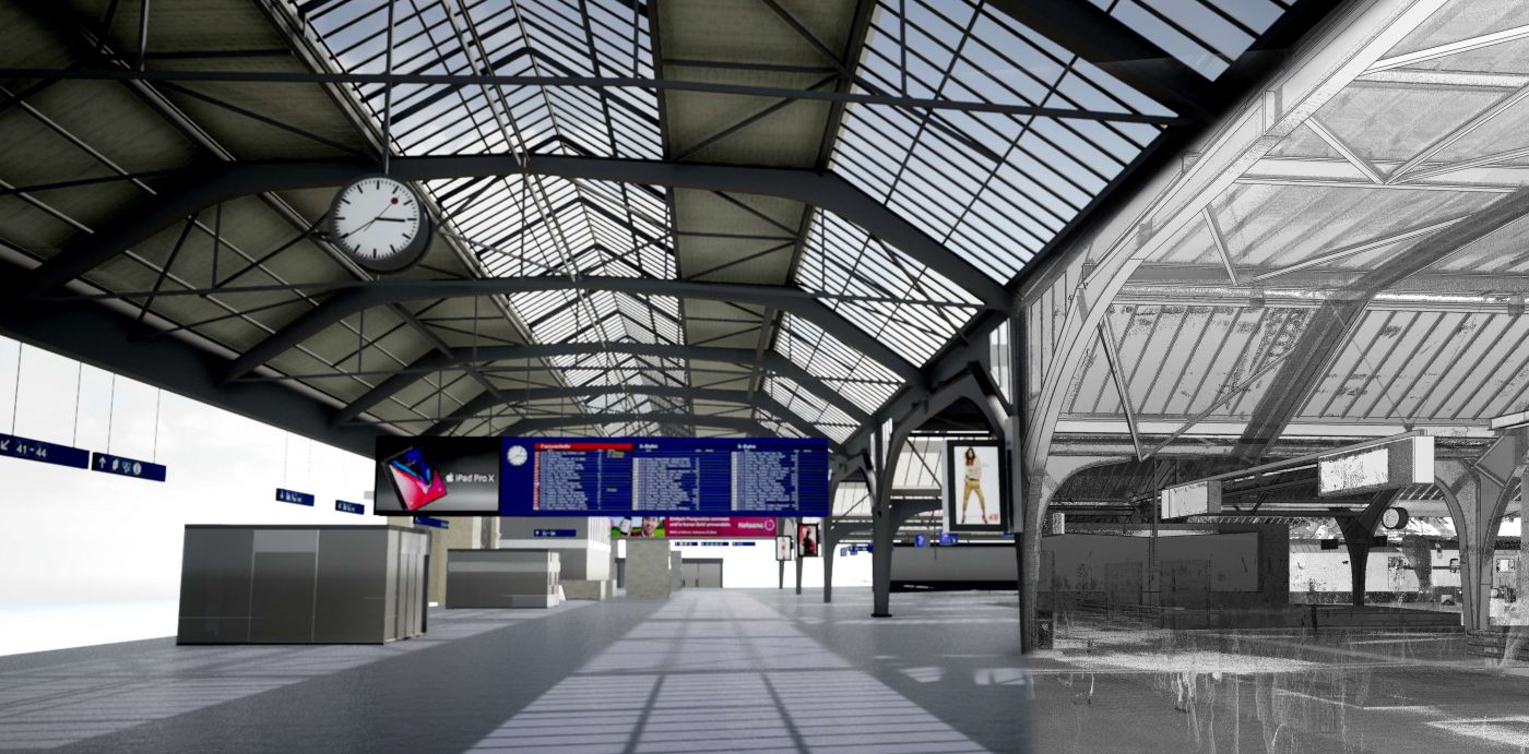 BIM SBB Zürich HB RealTime, 3D Laserscan, , 3D- / BIM- Modellierung aus Punktwolke, 2D Pläne aus 3D Modell generieren, RealTime Präsentation, BIM Workshops