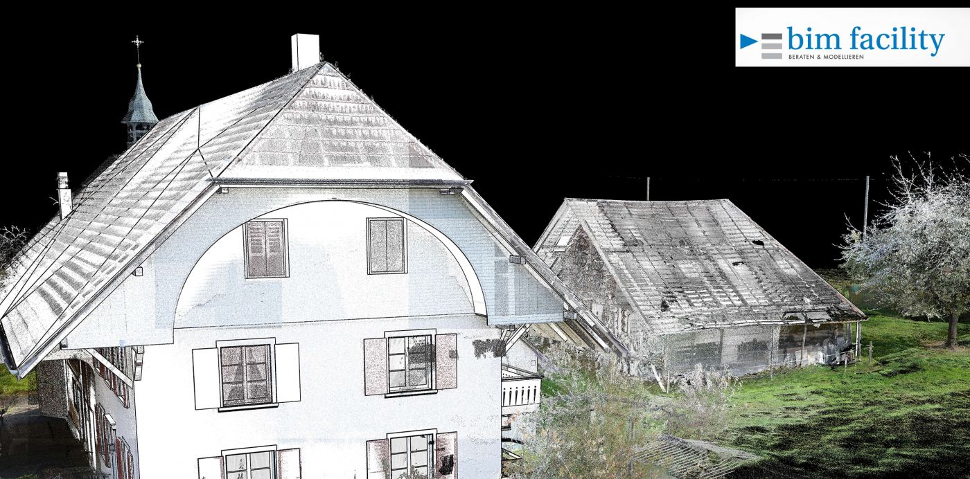 Scan2BIM Bauernhaus und Speicher, Hüniken, 3D Laserscan, 3D- / BIM- Modellierung aus Punktwolke, 2D Pläne aus 3D Modell generieren