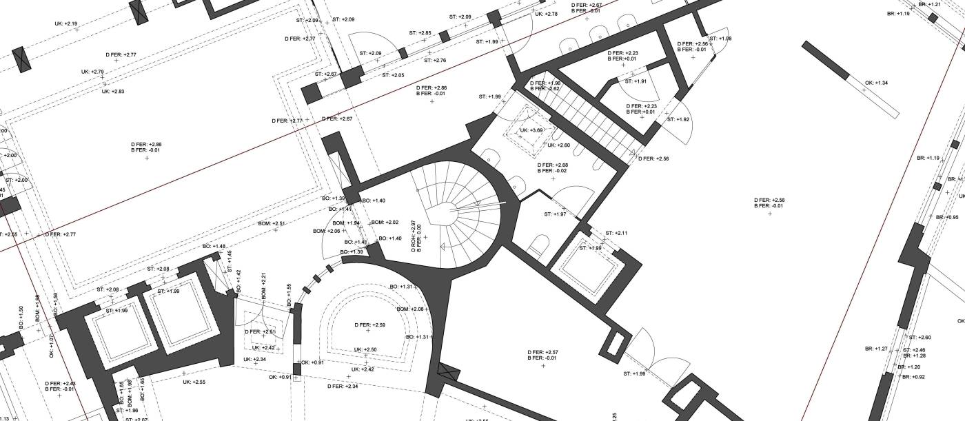 GebäudevermessungKongresshotel, Davos2D-Pläne, Fixpunktnetz für Grundlagevermessung, Aufnahme mittels Tachymeter und 3D-Laserscanner, Erstellen von 2D-Grundlagen in Form von Grundrissen, Schnitten und Fassadenplänen