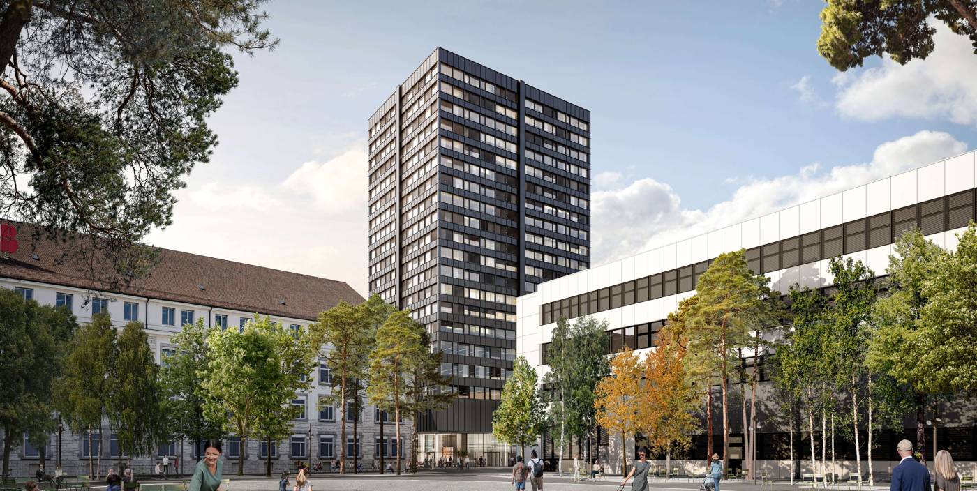 Hochhaus Baden Ost, Baden, Rissaufnahmen, Erschütterungsmessungen, Baufixpunktenetz, Absteckungen Rohbau, Fassadenabsteckung, Automatische und manuelle Überwachungsmessungen, Drohnenbefliegung, Kontrollaufnahmen Rohbau