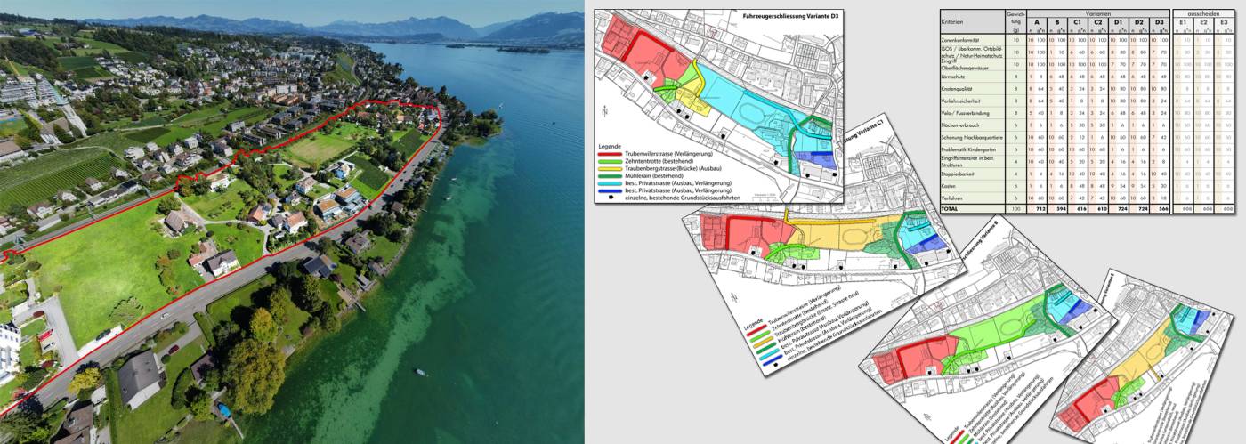 Erschliessungsstudie beim Quartierplan Zehntentrotte, Stäfa, Entwicklung von zehn Erschliessungsvarianten und Ausarbeitung der Bewertungsmethodik, Erstellung des technischen Berichts, Besprechungen mit Gemeindevertreter, Grundeigentümer, kant. Ämtern