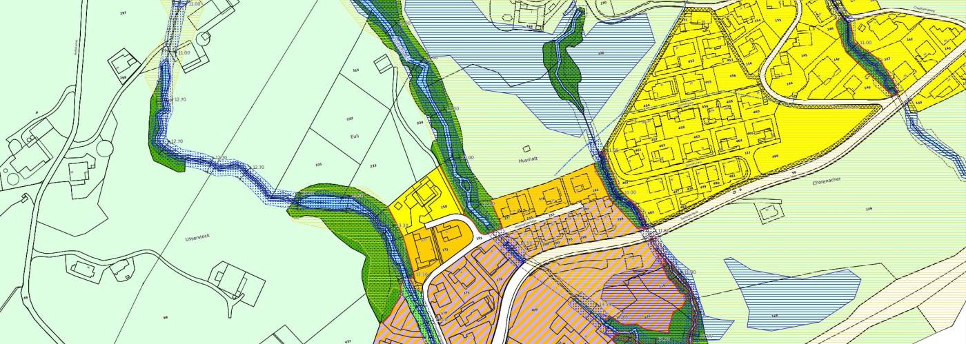 Teilrevision Nutzungsplanung Steinerberg, Auswertung der Grundlagen, Vermessungsaufnahme der Bachläufen, Erstellen der neuen Zonenpläne und der neuen Gesetzesartikel im Baureglement, Begleitung der Gemeinde durch die Verfahrenstufen
