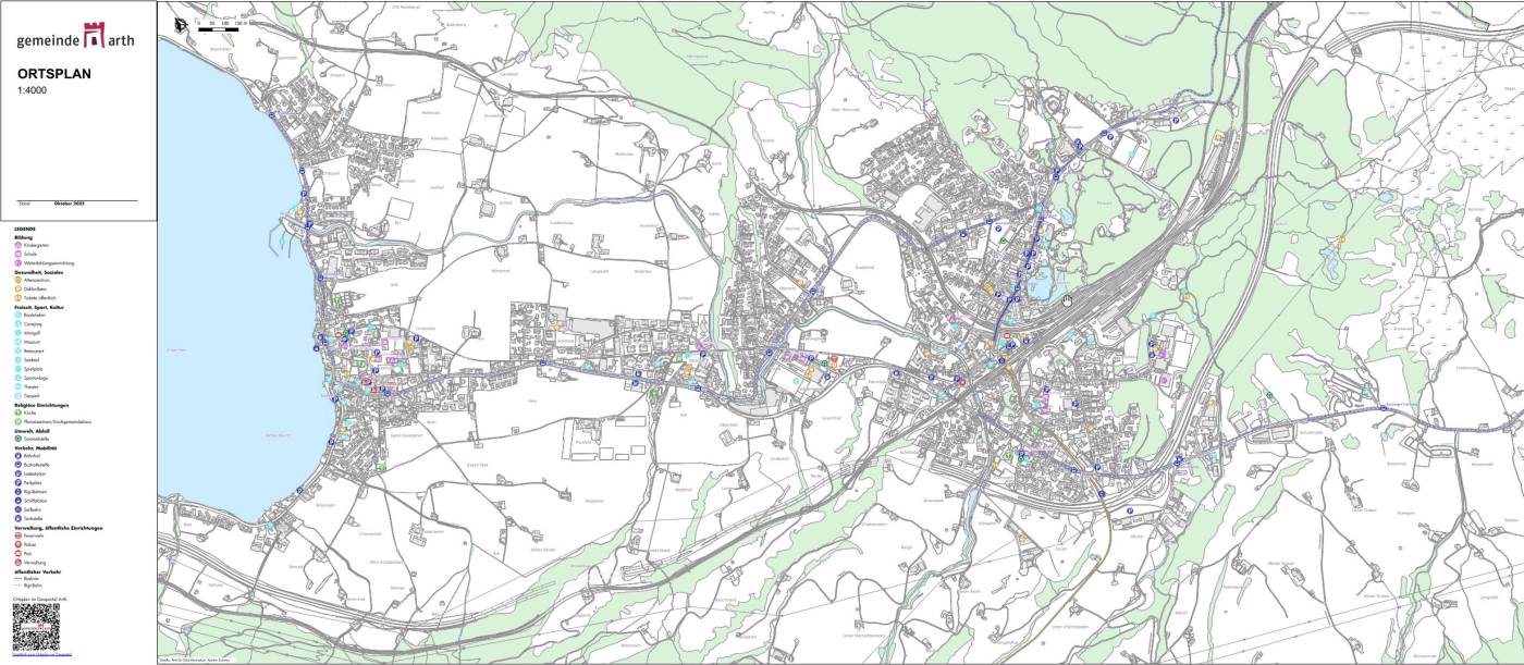 Ortsplan Gemeinde Arth, Ersetzten alter physischer Ortsplan, Definition der relevanten Thematiken, GIS-basierte Datenanbindung, Erfassung und Verwaltung, Erstellung Ortsplankarte im Geoportal der Gemeinde Arth, Erstellung identischer Plan für Druck