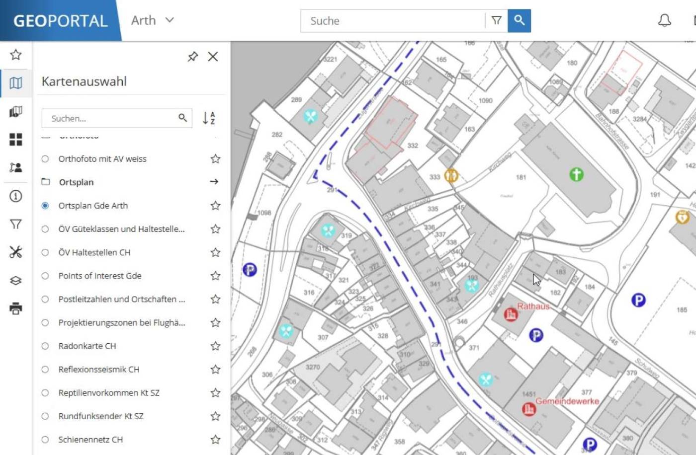Ortsplan Gemeinde Arth, Ersetzten alter physischer Ortsplan, Definition der relevanten Thematiken, GIS-basierte Datenanbindung, Erfassung und Verwaltung, Erstellung Ortsplankarte im Geoportal der Gemeinde Arth, Erstellung identischer Plan für Druck